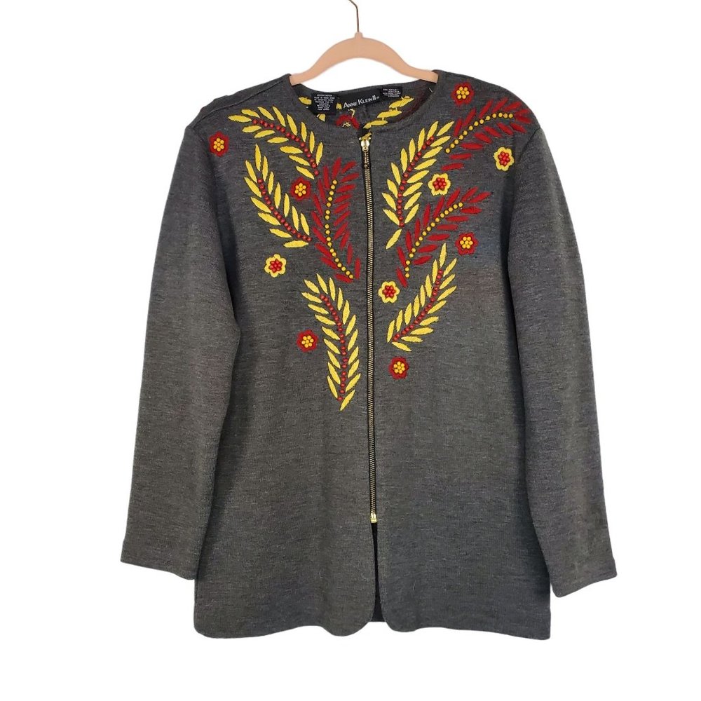 Anne Klein II Womens sweater sz M gray with embroidery & beads front zip